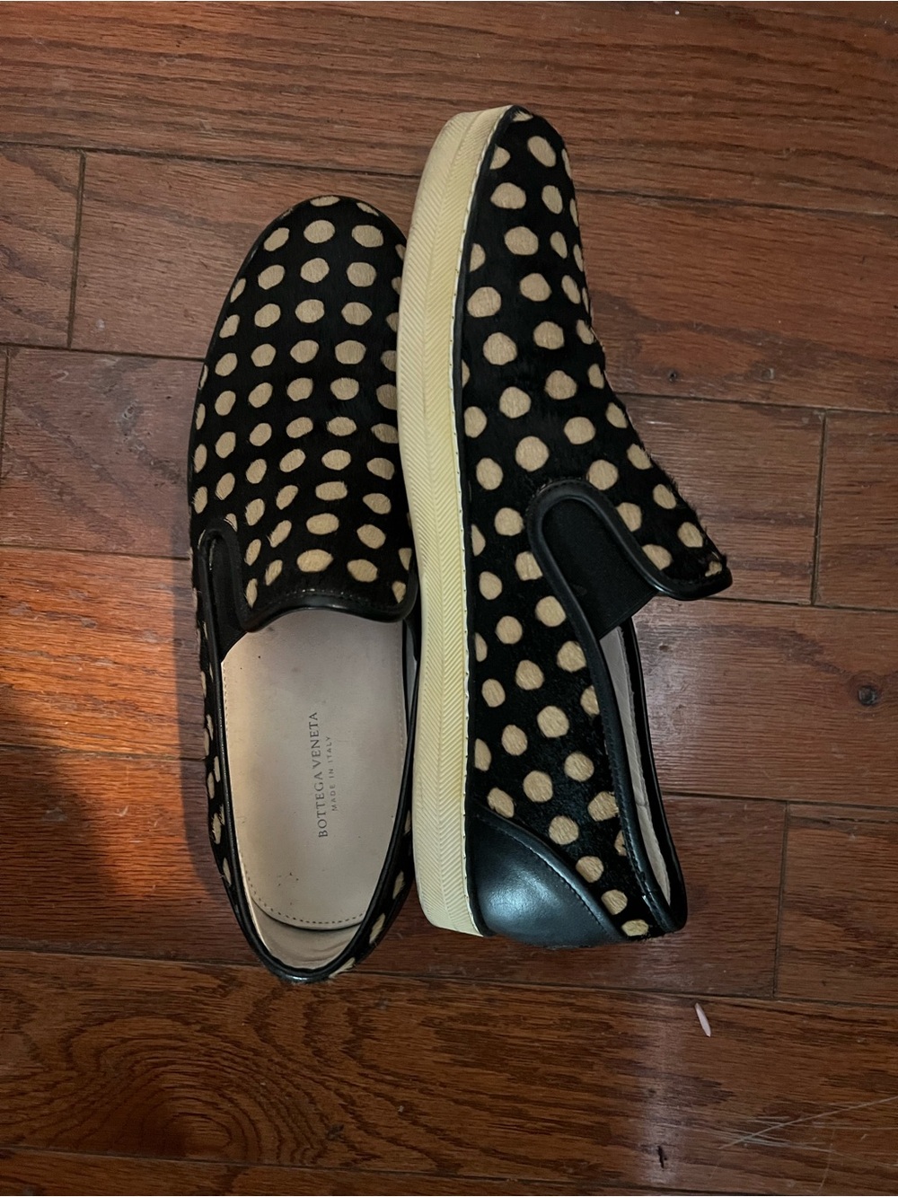 Bottega Veneta Black with Cream Polka Dot Slip-On Sneakers printed cowhide